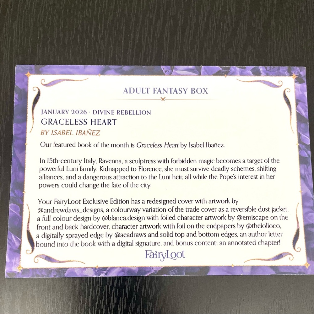 FairyLoot Adult Fantasy Box Jan 2026 Graceless Heart by Isabel Ibanez - Picture 10 of 11